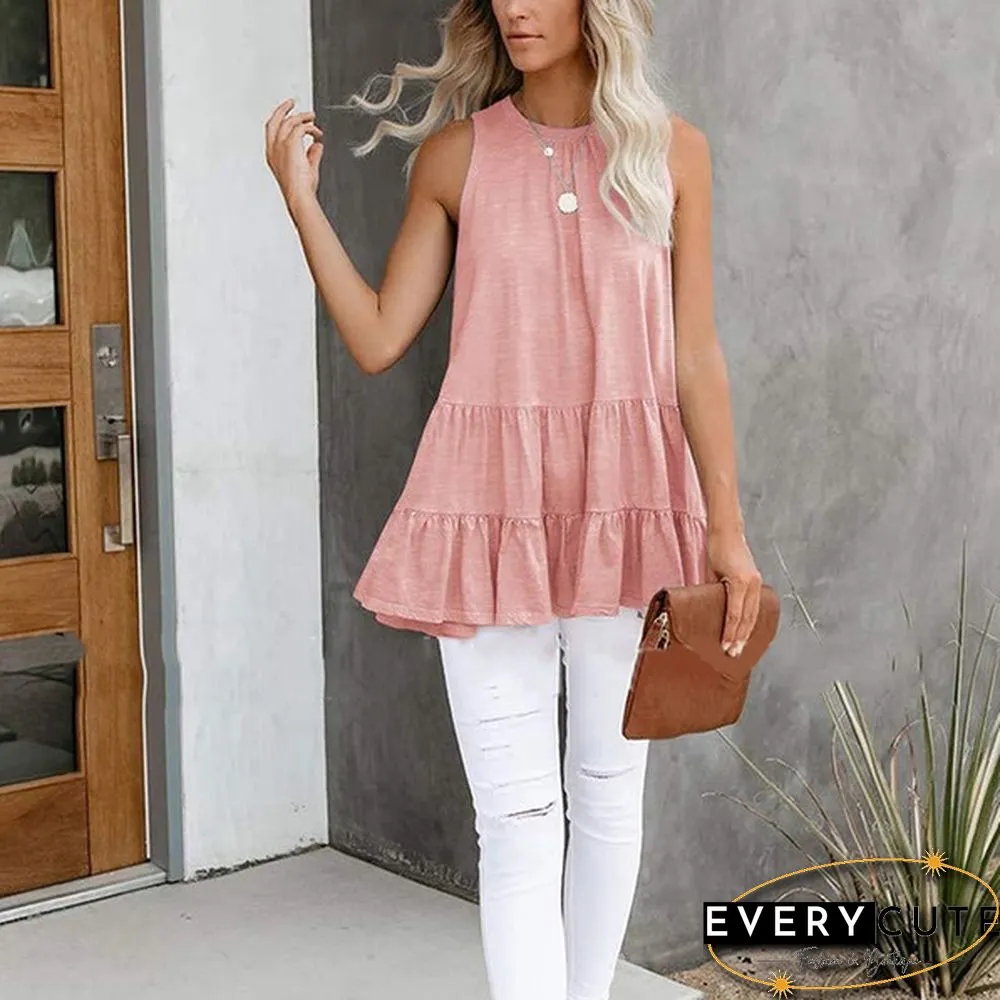 Women Fashion Spring Summer Sleeveless Loose Solid Color Splicing T-shirt topss