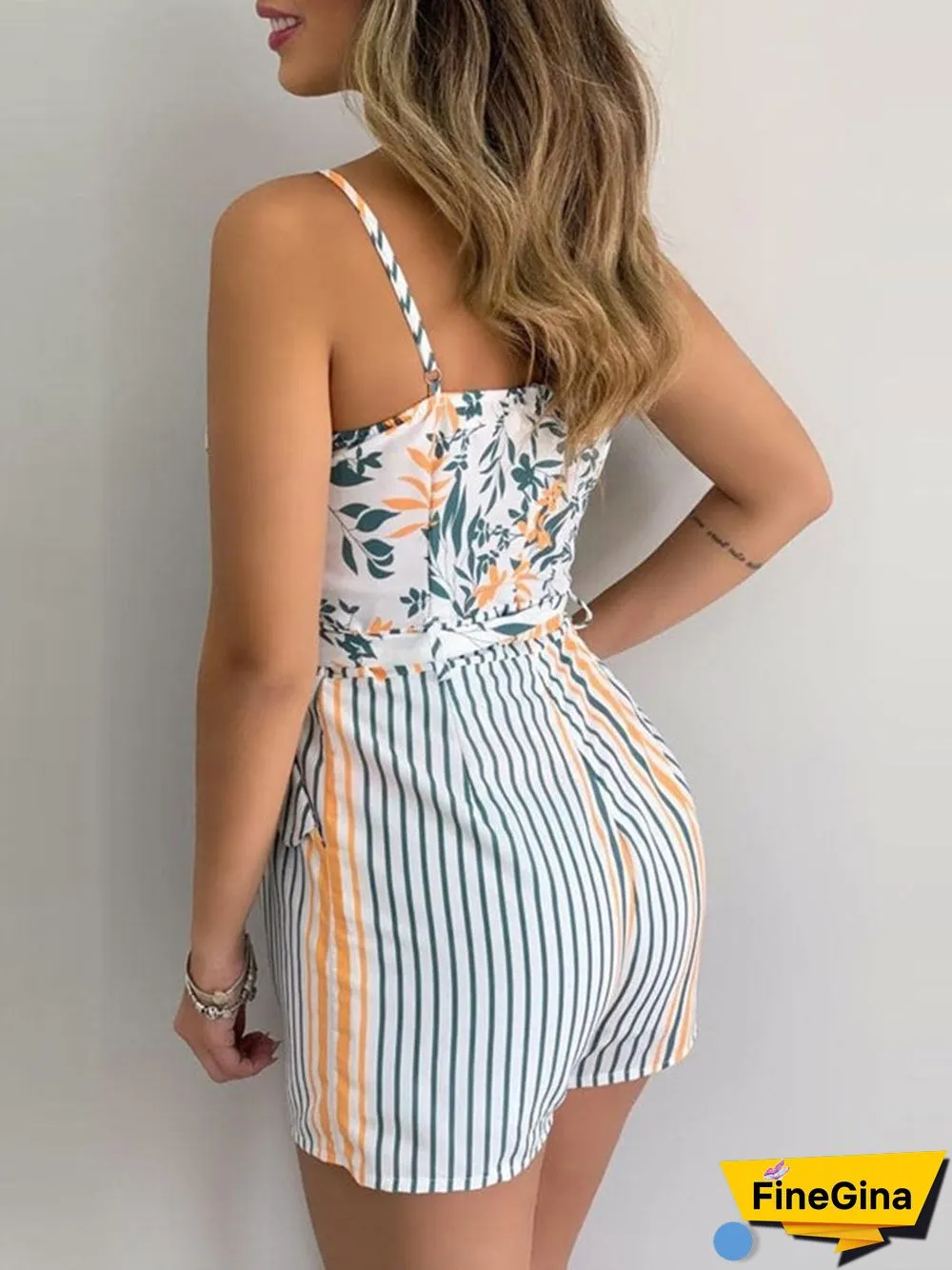 Sexy Nature Print StripeSling Romper P14653