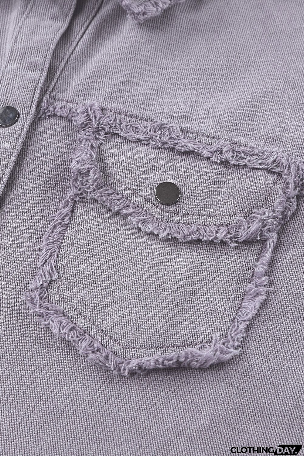 Distressed Flap Pockets Frayed Hemline Denim Jacket