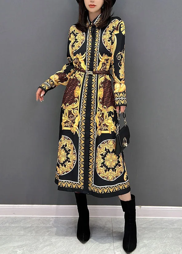 Women Yellow Print Peter Pan Collar Cotton Shirt Dresses