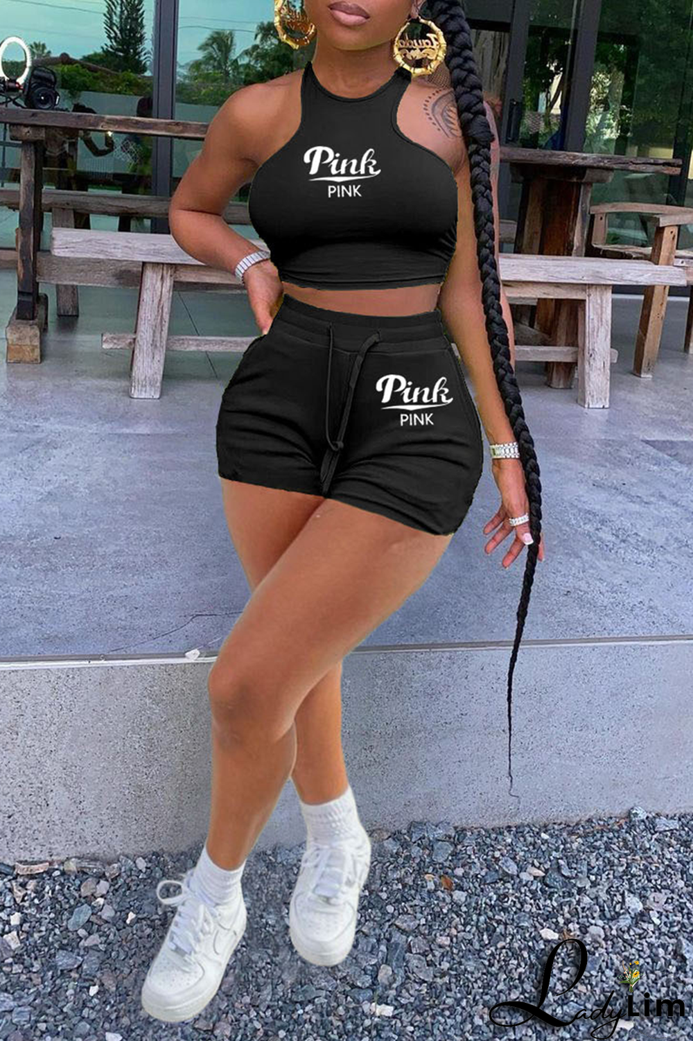 White Fashion Print Patchwork O Neck Sleeveless Two Pieces