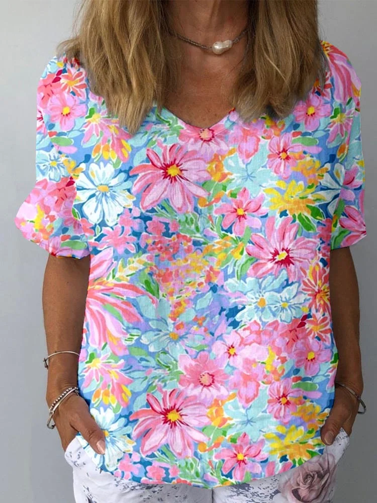 Women's Artistic Flower Pattern Cotton and Linen Short Sleeve Top