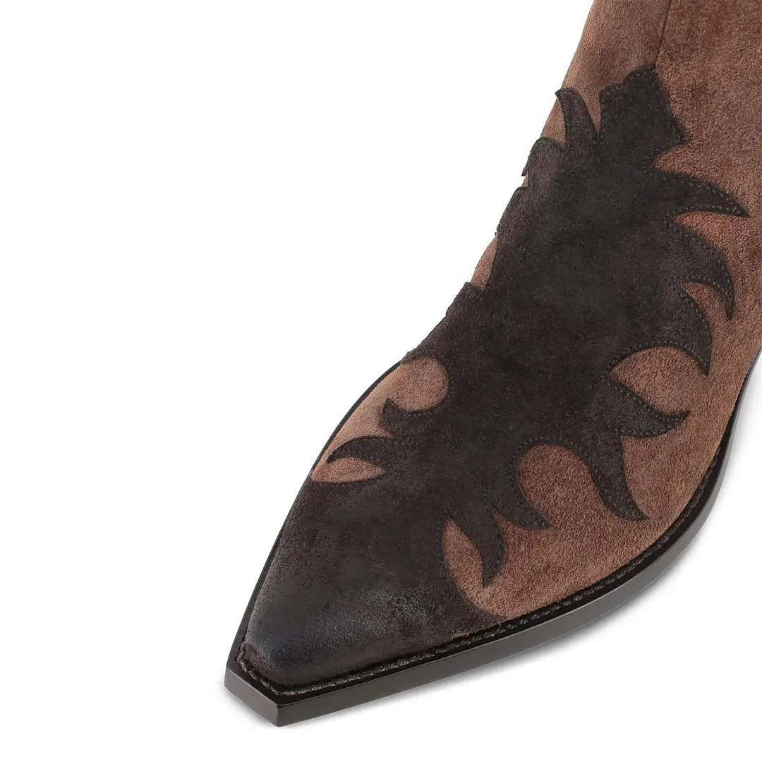 Two-Tone Brown Patchwork Mid Heel Snip Toe Cowboy Boots for Women