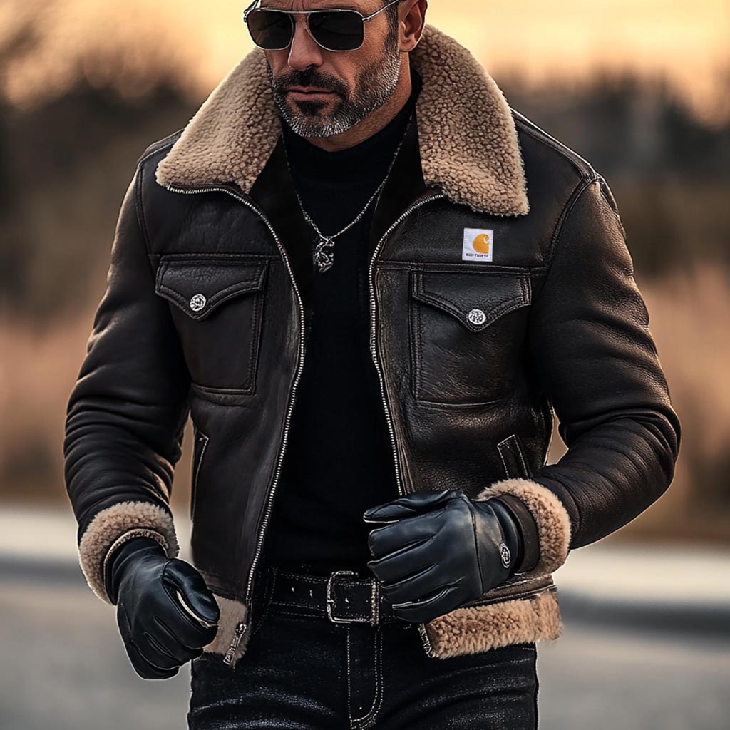 Men's Vintage Leather Multi-Pocket Fleece Lapel Collar Outdoor Layer Motorcycle Bomber Jacket
