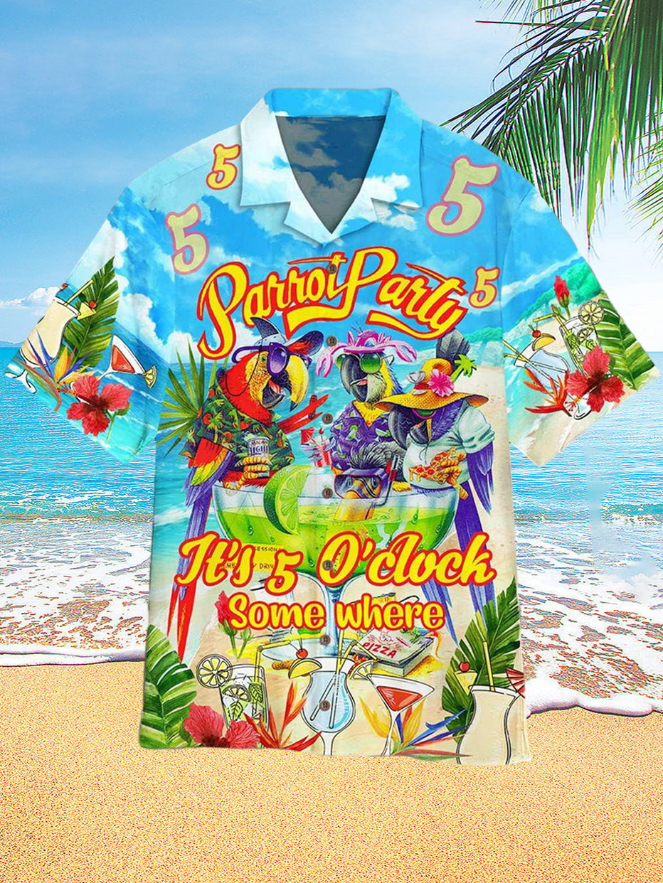 Hawaii Beach Parrot Drinking Party Printed Short Sleeve Shirt PLUSCLOTHESMAN