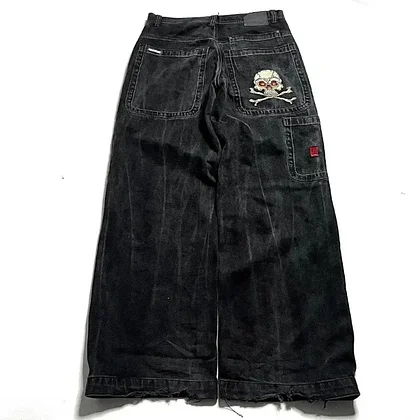 Orbitog fall outfits 2025 Ins Jeans Y2K Harajuku Retro Skull Pattern Embroidered Loose Jeans Black Pants Men's and Women's Gothic High Waist Pants