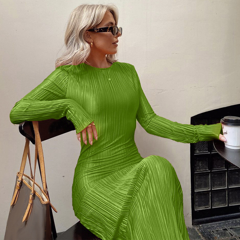 Ootddress Fashion Long Sleeve Loose Dress For Women Ribbed Casual Elegant Slim High Waist Streetwear Solid Ruffled Ladies Dress 2025