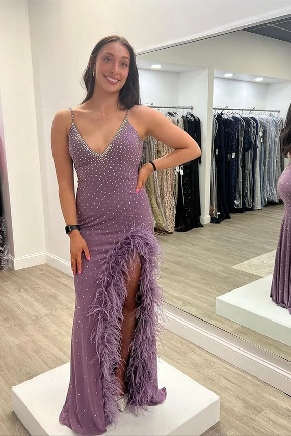 Miabel Purple Spaghetti-Straps Beads Long Prom Dress With Feather