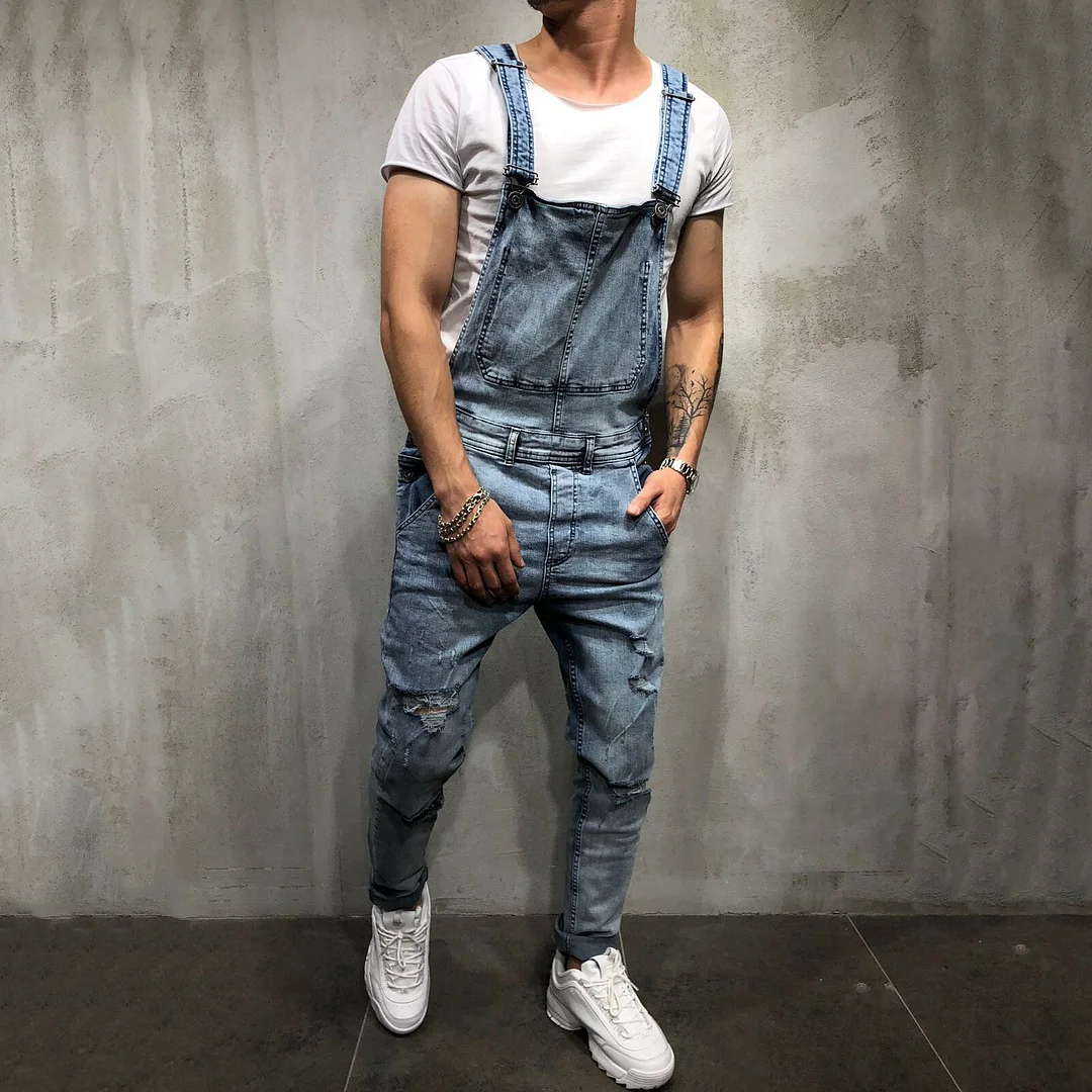 Fashion Suspender Ripped Craft Denim Jumpsuit