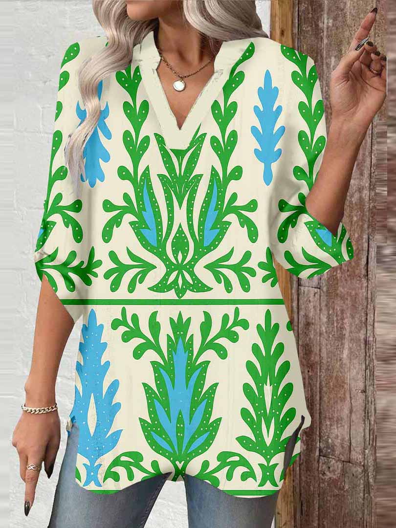 Women Tropical, Green, Blue DZGA0101 3/4 Sleeve V-neck Printed Graphic Button Tops
