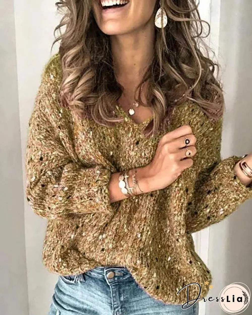 Red V Neck Long Sleeve Sweater