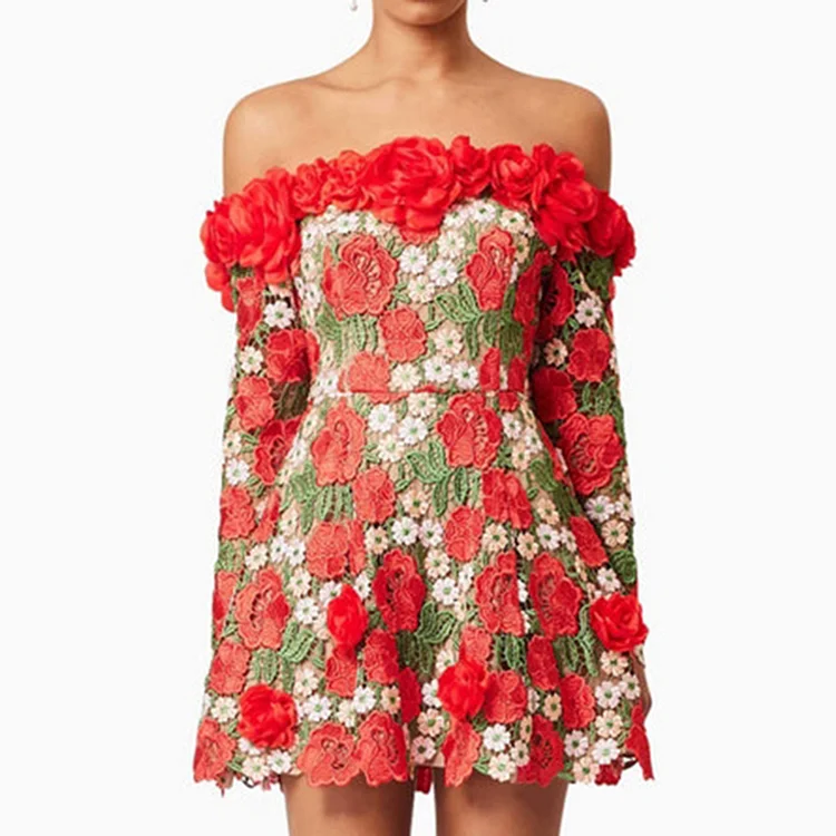 Simpfit Minikleid mit One-Shoulder-Träger und bestickter Spitze und Blumen
