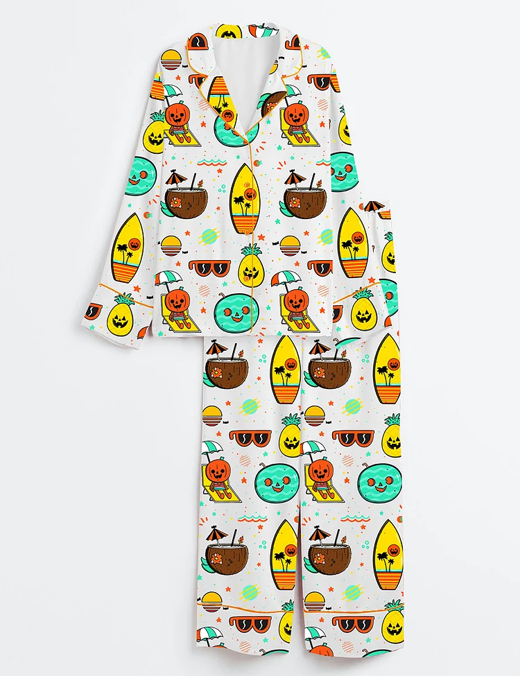 Women&rsquo;s Summerween Spooky Beach Vibes Pumpkin Trendy Summer Print Long Sleeve Satin Pajama Set