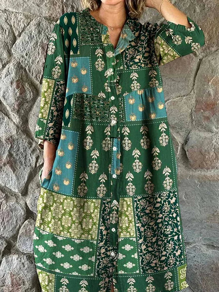 Women's Bohemian Ethnic Geometric Print Cotton And Linen Dress