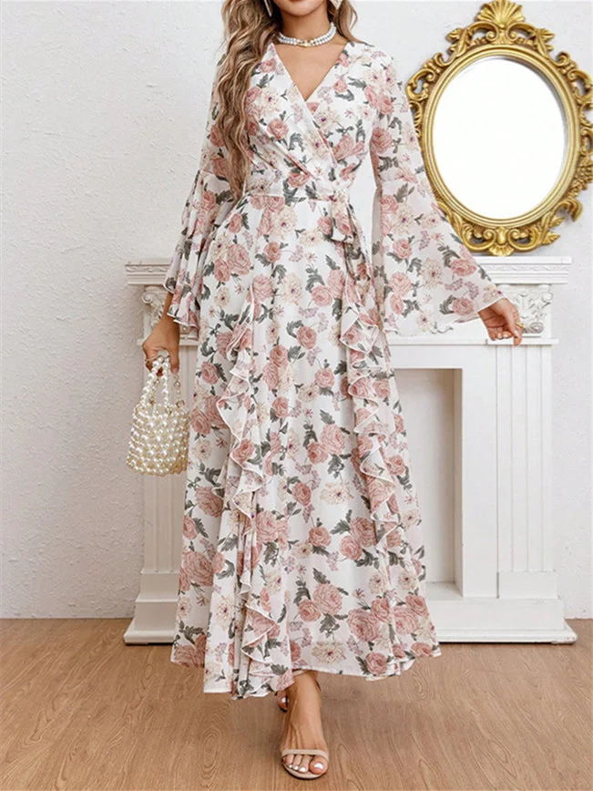 Women's Long Sleeve V-neck Floral Printed Lace-up Midi Dress