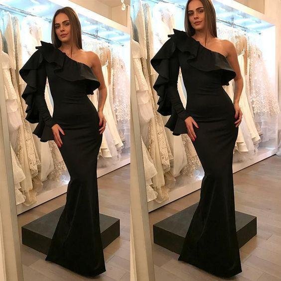 Promsstyle One shoulder ruffled sleeves fitted maxi evening dress