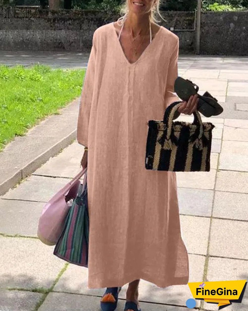 V Neck Cotton Linen Roomy Maxi Dress