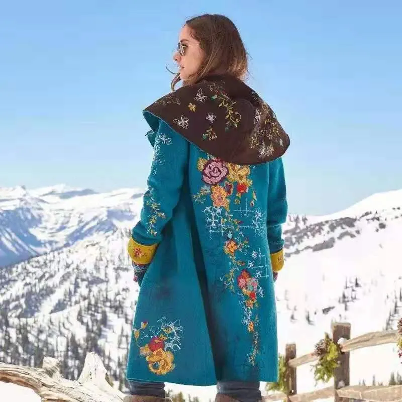 Fashion Warm Wool Vintage Print Hooded Lapel Fleece Casual Coats