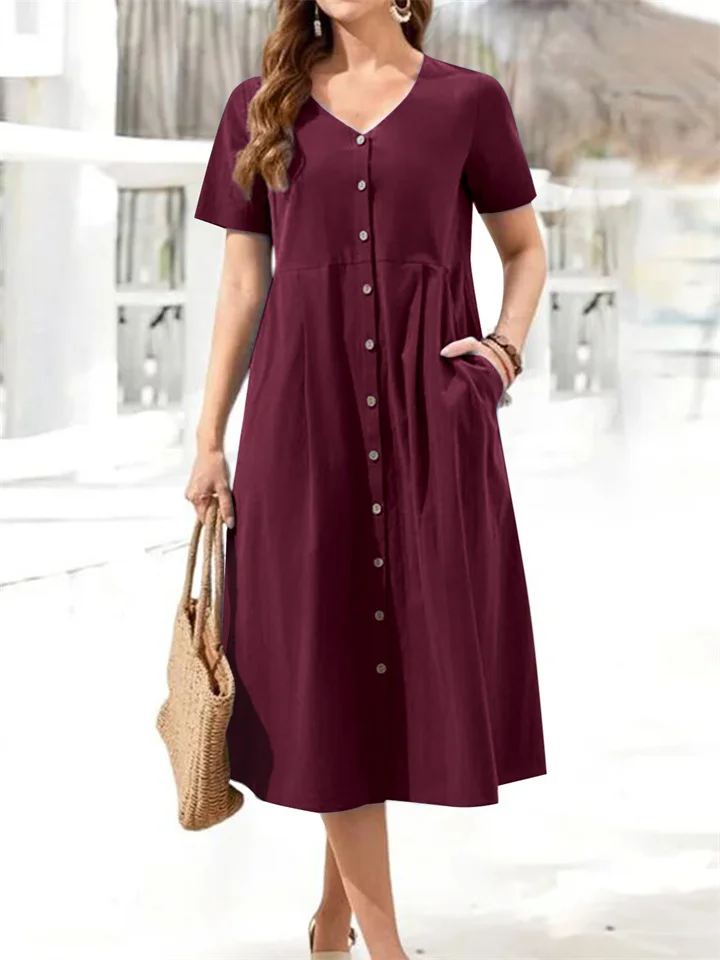 Summer Women's New Loose Cotton Linen V-neck Single-row Multi-button Short-sleeved Large Yards Elegant Wind Dress-Mixcun