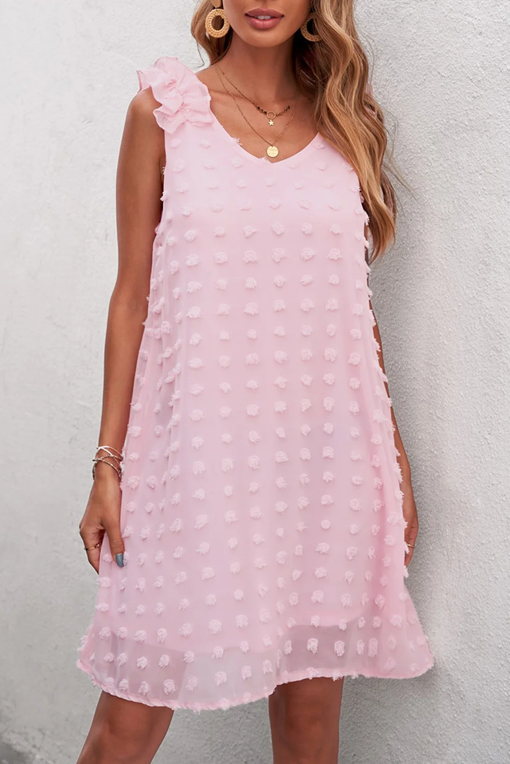 Pink Swiss Dot V Neck Ruffled Sleeveless Mini Dress | IFYHOME