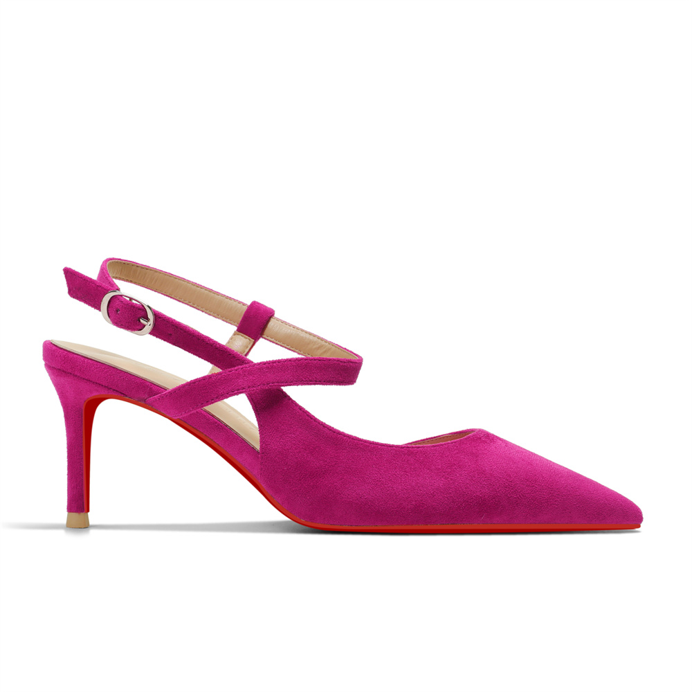 65mm Women Slingback Pumps Ankle Strap Red Bottom Stiletto Mid Heel Close Pointed Toe Daily Summer Suede Sandals-MERUMOTE