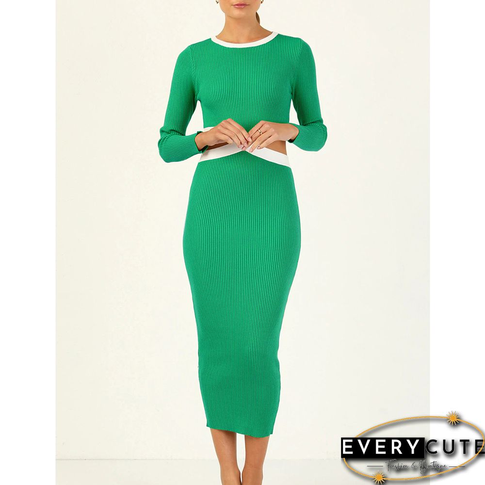 Green Ribbed Cut-out Long Sleeve Bodycon Dress