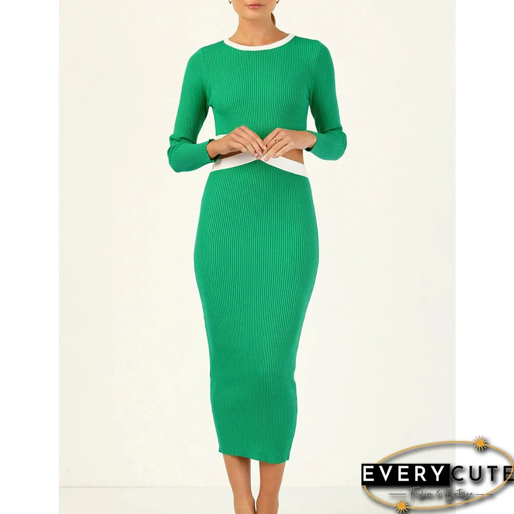 Green Ribbed Cut-out Long Sleeve Bodycon Dress