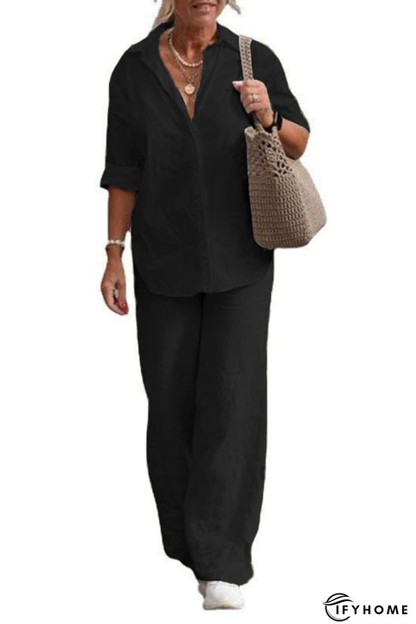 Solid Color Casual Long-sleeved Shirt and Elastic Waisted Loose Wide-leg Pants Set | IFYHOME