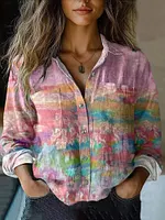 Women's Retro Gradient Cancer Awareness Ribbon Gradient Art Casual Linen Shirt