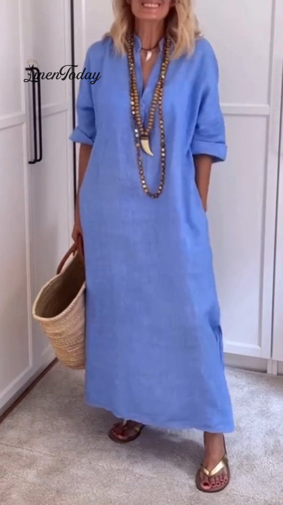 Casual V-Neck Loose Dress Blue / S(Us 6-8)