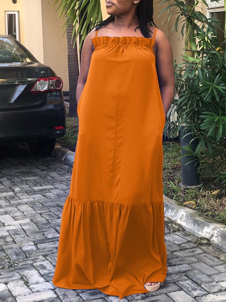 Solid Lettuce-Edge Pocket Sleeveless Maxi Dress SKUJ33166 QueenFunky