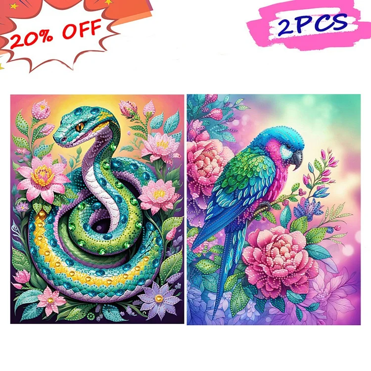 2pcs Green Snake Peony Parrot 30*40cm (Canvas) Special Shaped Drill Diamond Painting gbfke