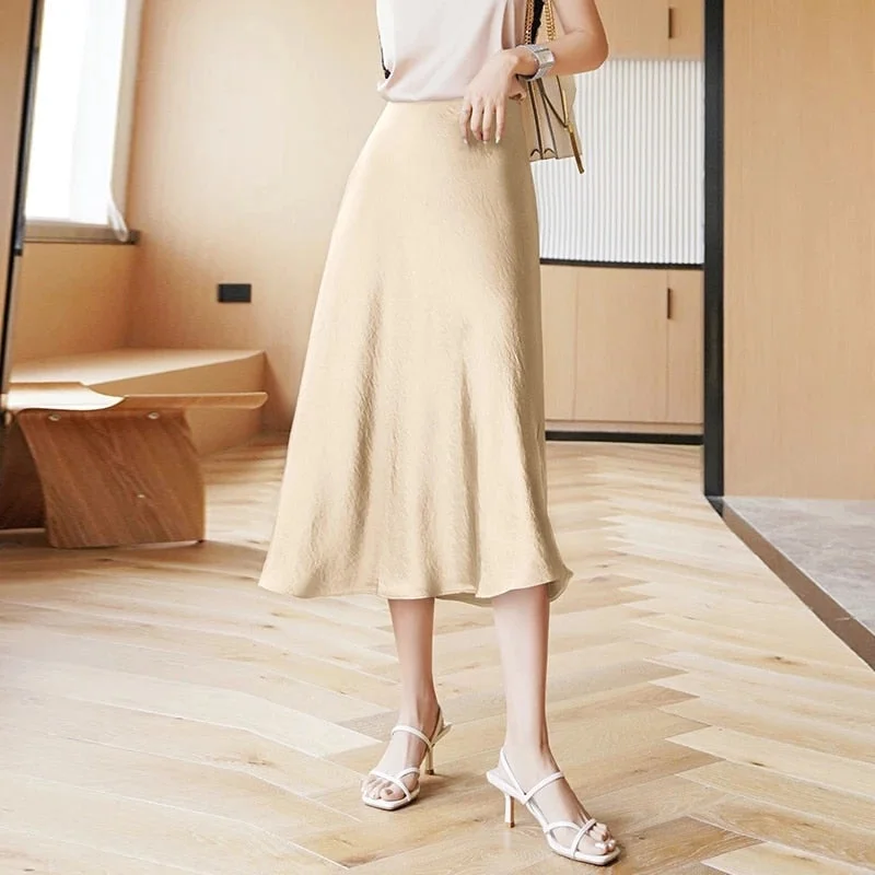 Women Summer Midi  High Waist Satin Skirt  Elegant A-Line Solid Office Ladies Skirts