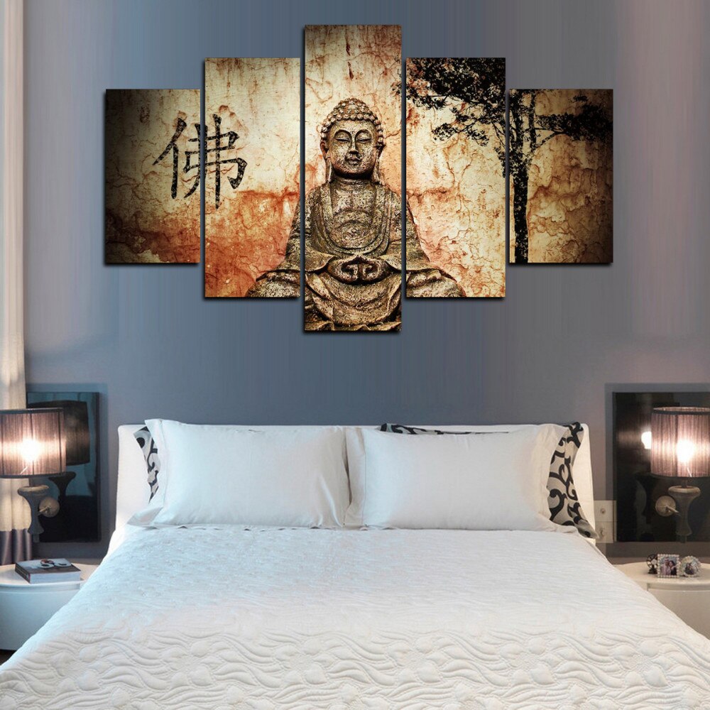 Cotton Tshirt 5 Panels Zen Buddha Painting Vintage Poster Print Feng Shui Abstract Canvas Art Wall Picute for Living Room Scandinavian Deco t -shirt Tee