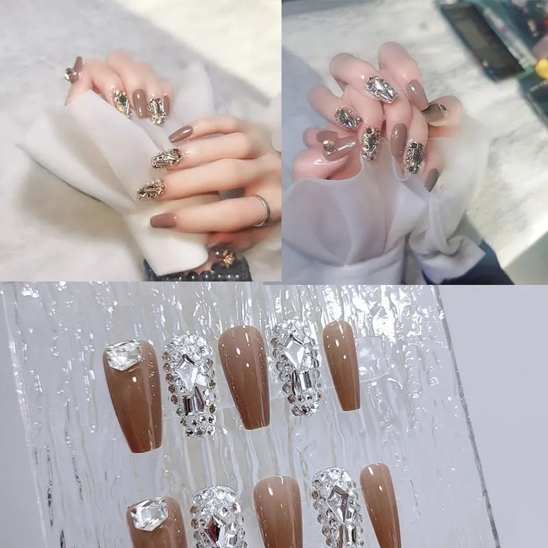 24pcs nail press ons Girl Fake Naisl with glue nail art Purple Star Moon Rhinestone Designs Short Full Artificial ネイルチップ-Nail Inspo