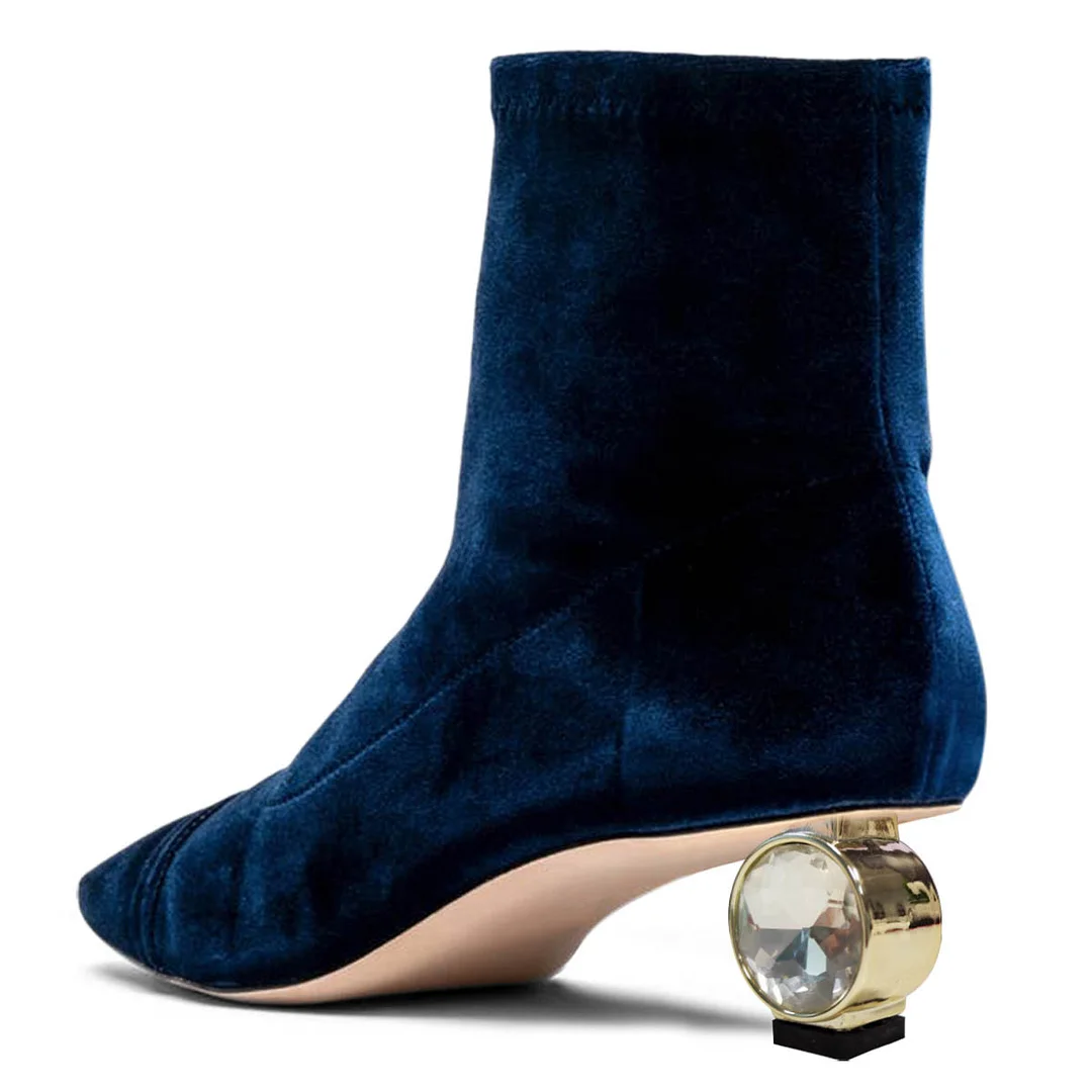 Navy Crystal Sculptural Heel Velvet Square Toe Short Boots for Women