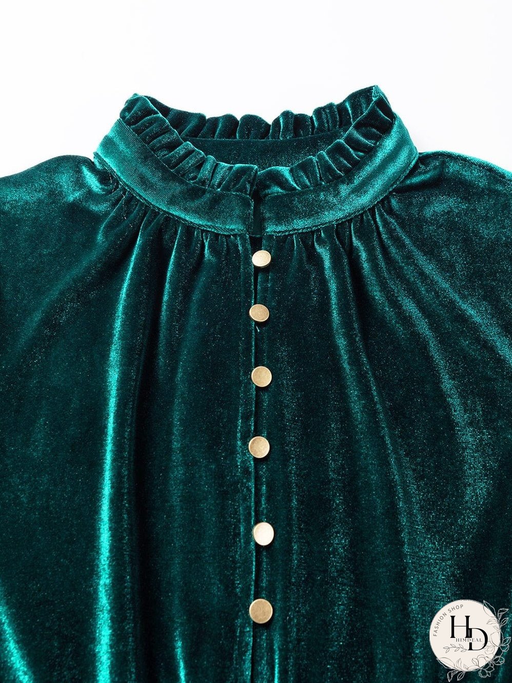Elegant Green Velvet Ruffled Button-Up Mini Dress