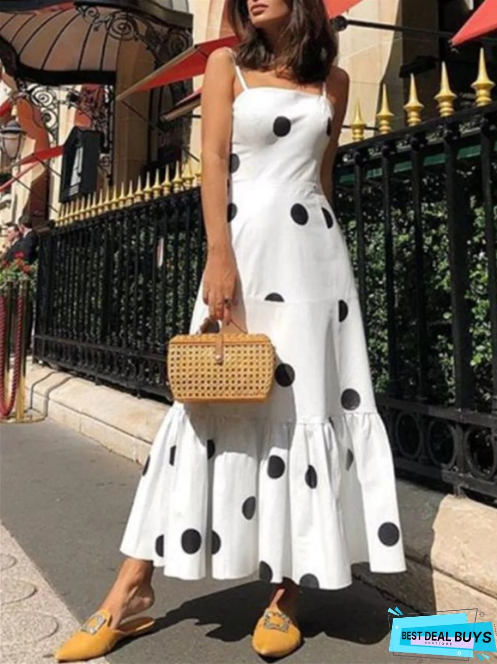 New Polka-dot Sling Fashion Long-necked White Dresses