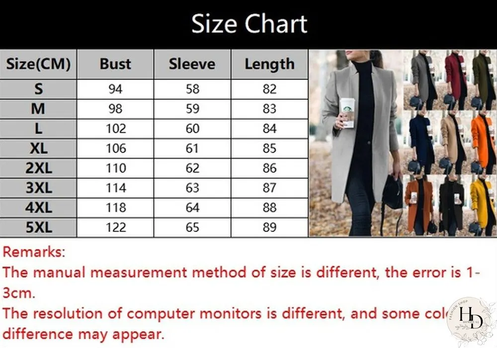 New Autumn and Winter Fashion Womens Solid Color Stand-Up Collar Woolen Coat Lapel Wool