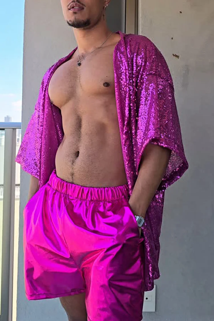 Ciciful Sequin Kimono Metallic Shorts Festival Neon Fuchsia Two Piece Set