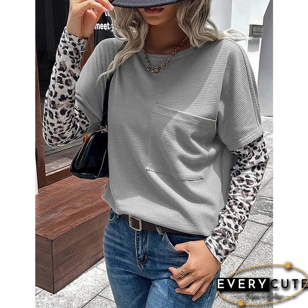 Light Gray Spliced Leopard Waffle Pocket Long Sleeve Top