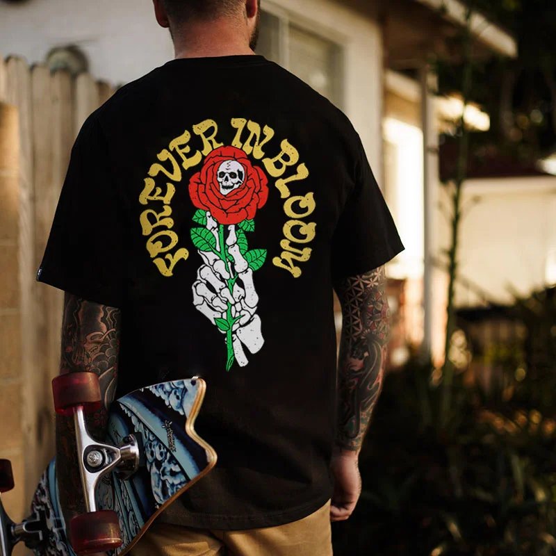 FOREVER IN BLOOM Rose Skull Black Print T-Shirt