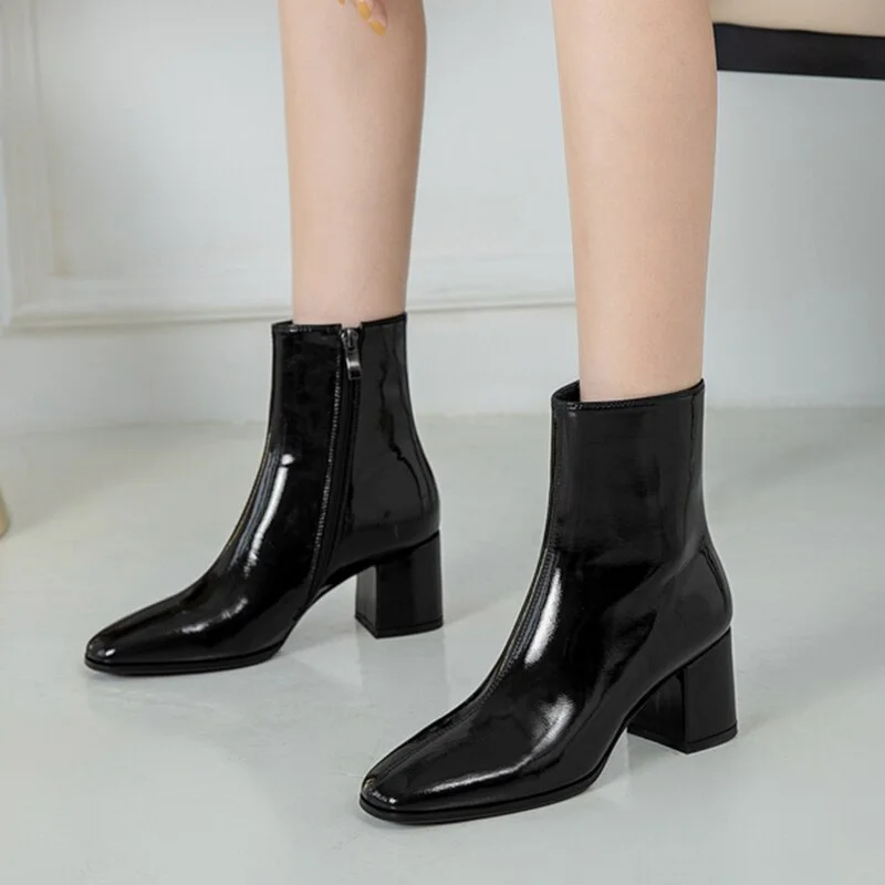 Qengg Autumn Women Fashion Square High Heels Zapatos De Mujer White Patent Leather Shoes Ankle Boots Black Woman Zipper