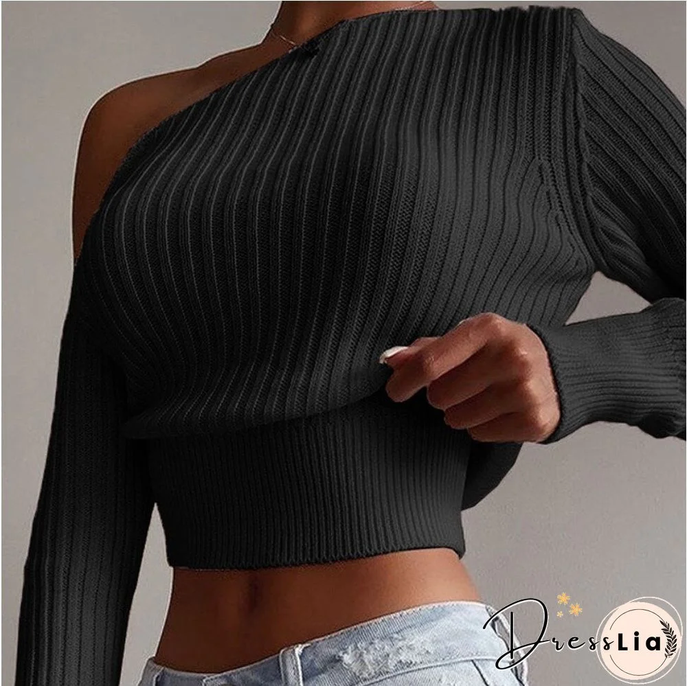 Oblique Collar Sexy Knitted Sweater Women Winter One Shoulder Long Sleeve Asymmetrical Pullover White High Street Jumper