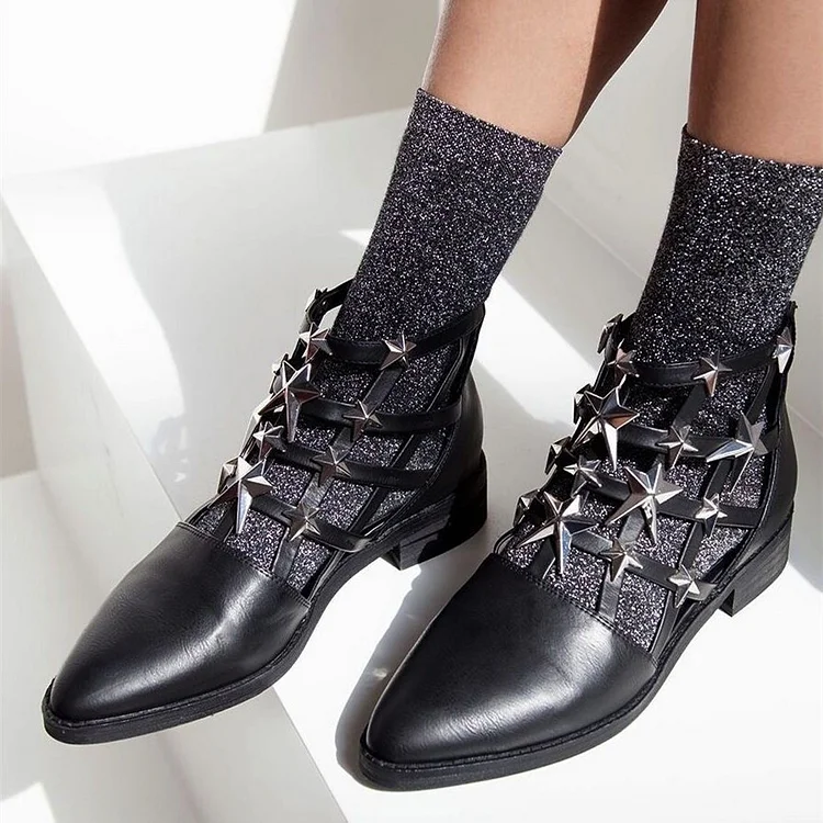 Black Hollow Out Studs Flat Ankle Boots - Almond Toe Shoes Vdcoo