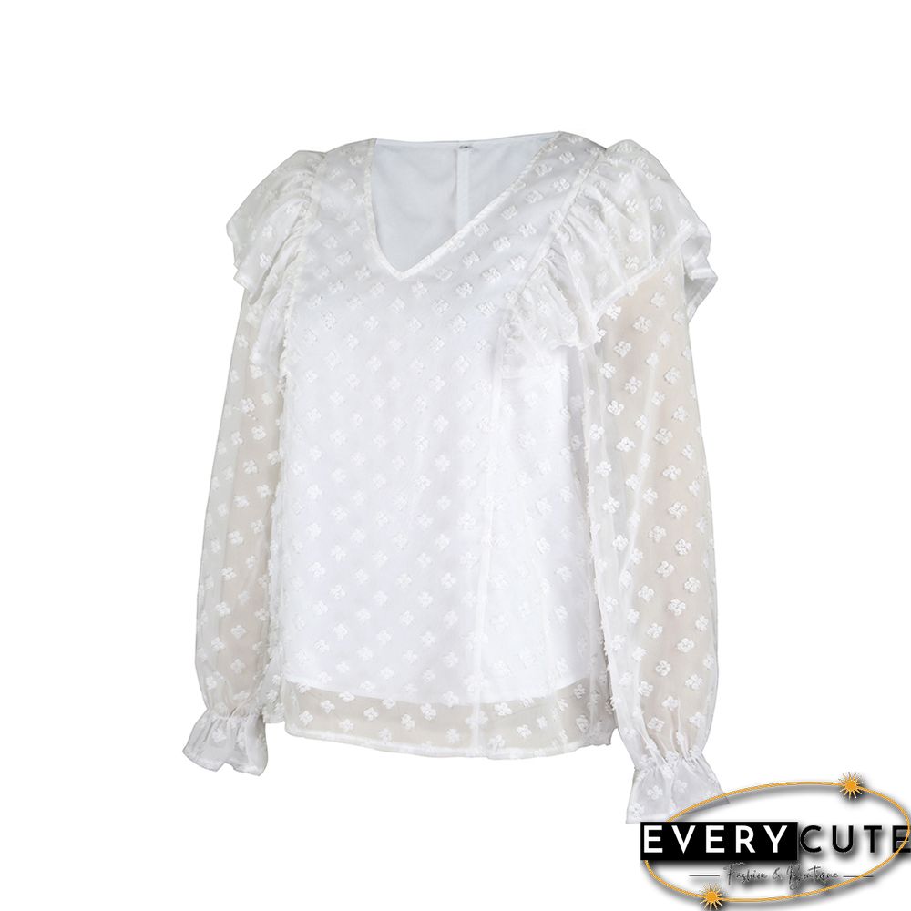 White Ruffle Detail V Neck Blouse