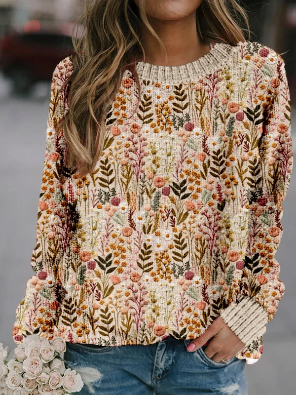 Wildflower Meadow Floral Embroidered Cozy Knit Sweater