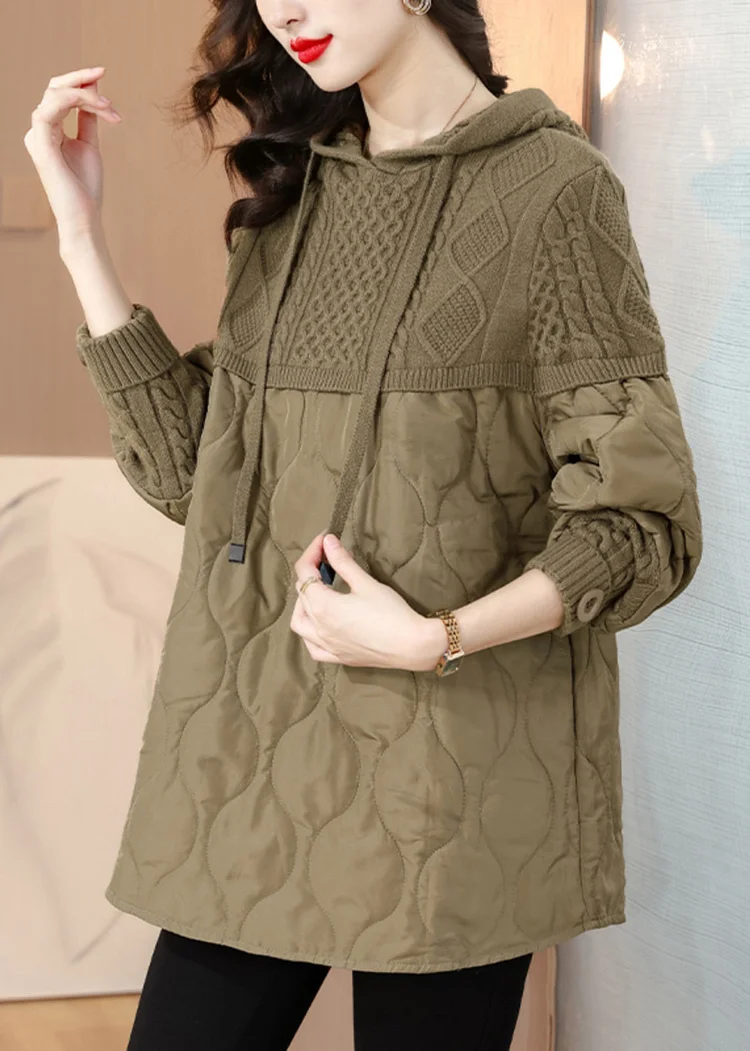 Women Khaki Hooded Knit Patchwork Thick Tops Long Sleeve