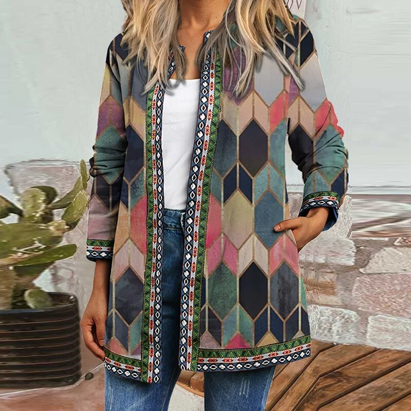 2021 Autumn Winter Fashion Loose Women Folk-custom Print Jacket Coats Casual Retro Long Sleeves Coats Elegant Cardigan Coats