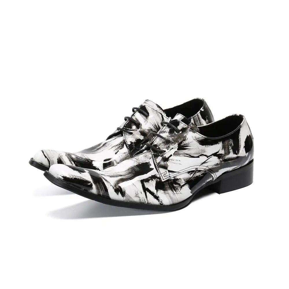 VCSHOES Black White Print Genuine Leather Men Oxford Shoes Square Toe Party Dress Shoes Big Size Formal Brogue Shoes Man